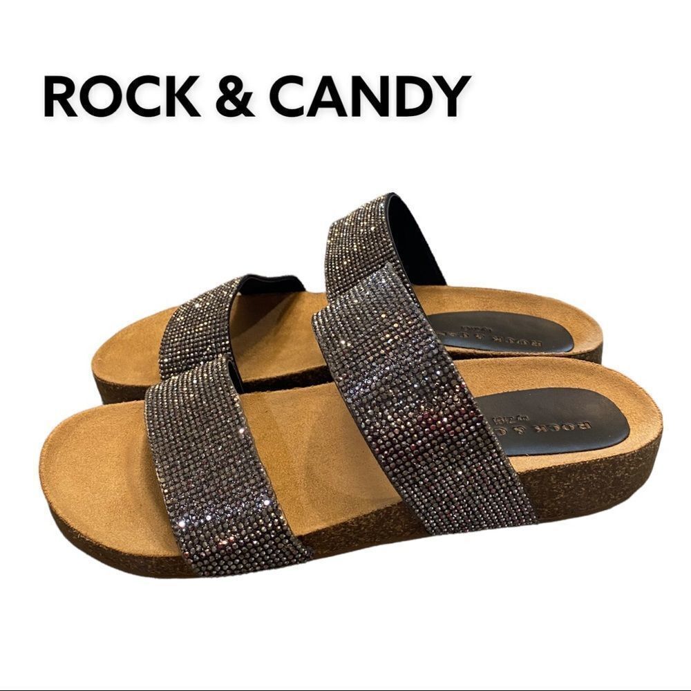 NEW Rock & Candy Women's "Casha" Rhinestone Sparkle Double Band Slide Sandals 6